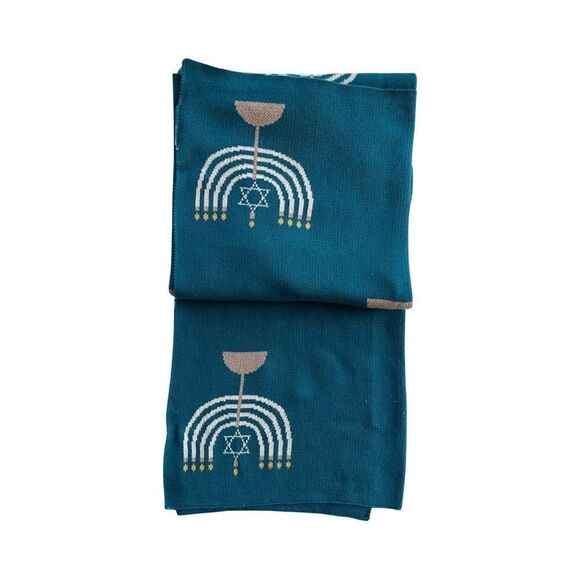 HANUKKAH Blue & Ivory Knit Reversible Baby Blanket and Bib Set NWT - Picture 5 of 12